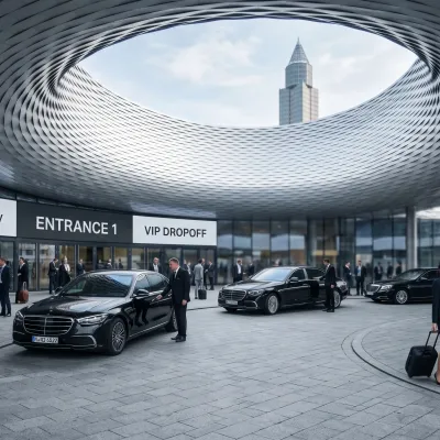 Schwarze Premiumlimousine vor dem Eingang der Messe Basel während eines internationalen B2B-Events bei Abendlicht.