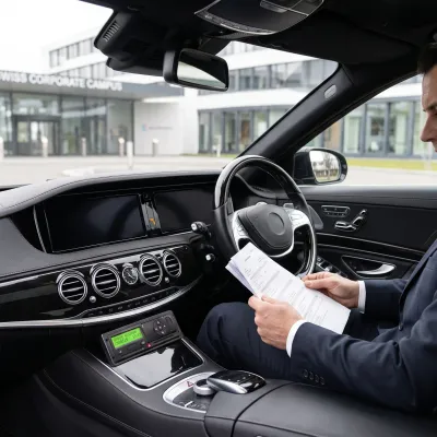 Chauffeur prüft Fahrtenschreiber und Dokumente in einer Executive-Limousine an einem Schweizer Firmenstandort