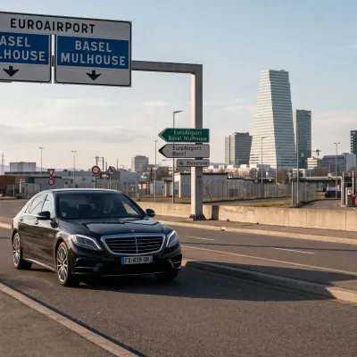 Executive-Limousine auf der Zufahrt zum EuroAirport Basel Mulhouse mit Blick auf die Basler Skyline