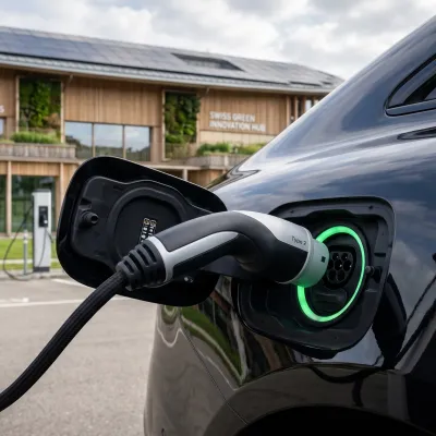 Elektrische Oberklasselimousine beim Ladevorgang an einer Corporate-Ladestation vor einem modernen Schweizer Firmengebäude bei Abenddämmerung.