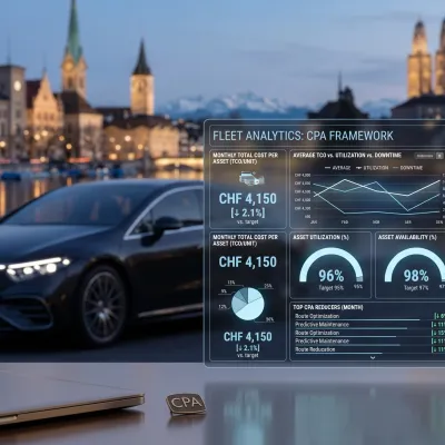 Flottenmanager analysiert digitale Mobilitätsdaten auf einem Tablet neben einer Reihe schwarzer Direktionsfahrzeuge in einer Schweizer Tiefgarage.