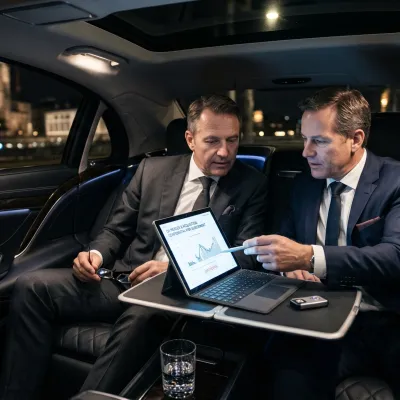 Innenraum eines hochmodernen Executive-Fahrzeugs mit verschlüsselten Kommunikationssystemen und abgedunkelten Scheiben, bereit für eine M&A-Roadshow in Zürich.