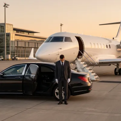 Schwarze Limousine wartet direkt neben einem Privatjet auf dem Vorfeld eines FBO-Terminals in Genf, bereit für den nahtlosen Bodentransfer.