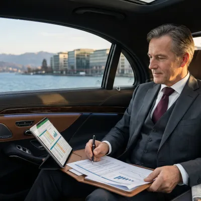 CFO analysiert Mobilitätskosten und Steuerunterlagen in einem modernen Zürcher Bürogebäude mit Blick auf den Zürichsee.